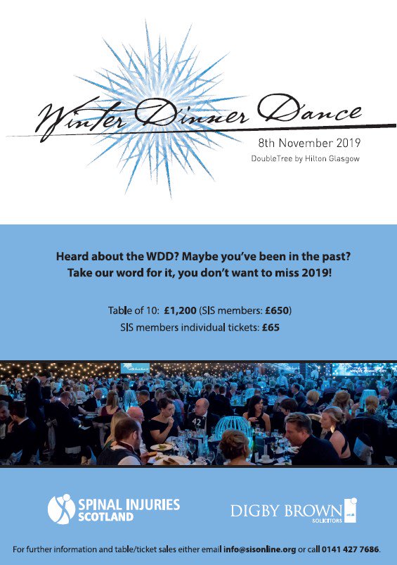 The annual Digby Brown Winter Dinner Dance is happening on the 8th November. Tables of 10 cost £1200 (£650) for SIS members and £65 for individual tickets. Email info@spinalinjuriesscotland.org.uk for more info #fundraising