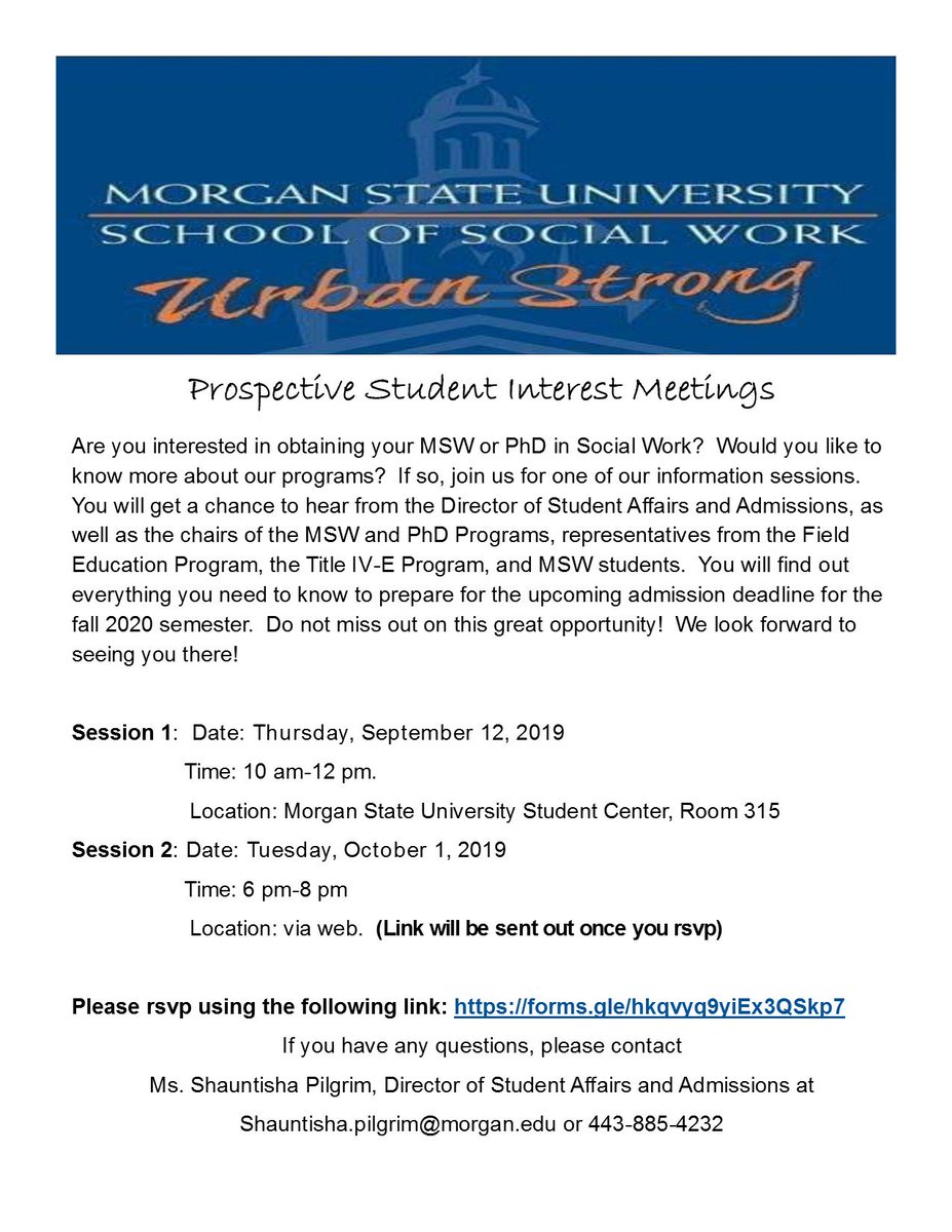 Are you or someone you know interested in learning about Morgan State University School of Social Work Programs?  Join us at one of the information sessions.  Click the link below to RSVP.  forms.gle/hkqvyq9yiEx3QS…