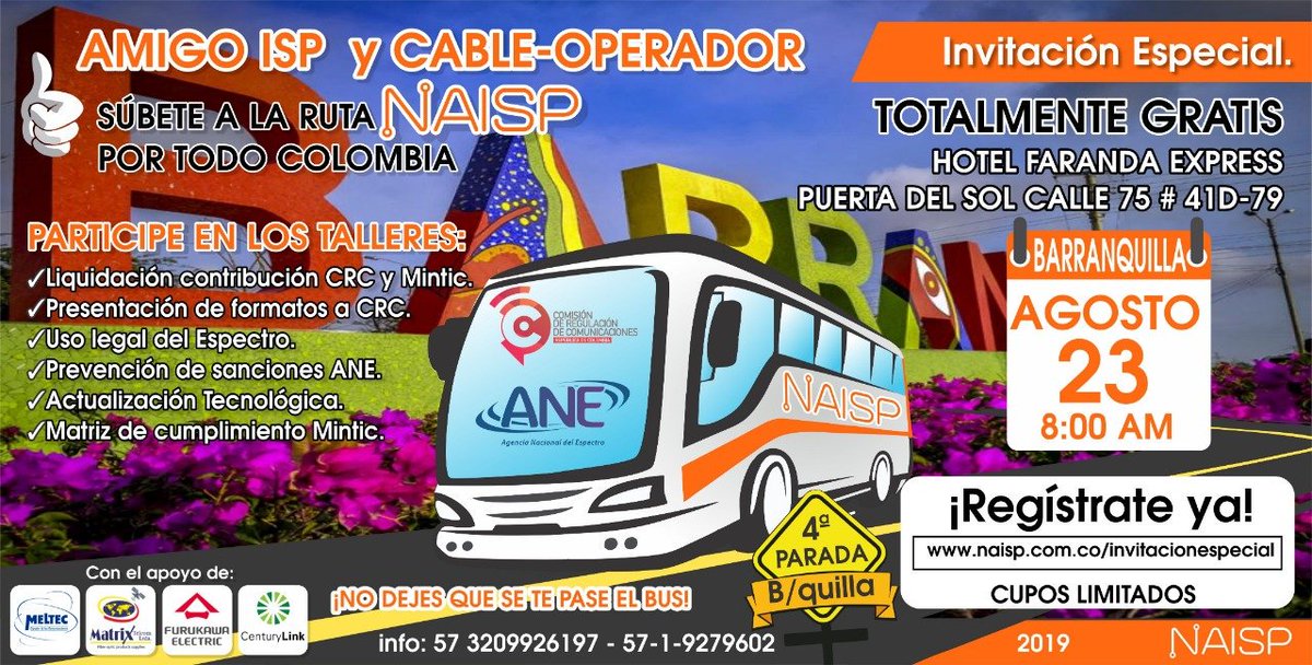 ANE_Colombia's tweet photo. Les extendemos la invitación a participar del #evento en #Barranquilla de la Asociación Nacional de Proveedores de Servicios de Internet (#NAISP), con talleres totalmente gratuitos. Cupos limitados, reserva el tuyo: https://t.co/KJyid18sJS https://t.co/Jcgciu4i36