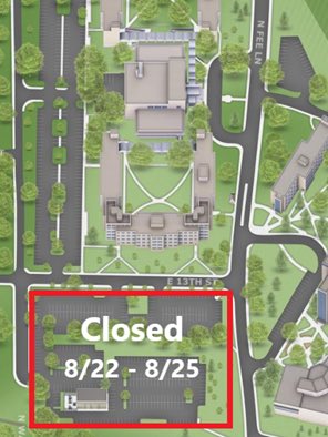 IUTransport's tweet photo. The 13th & Fee Lot (Lot# 226) will be closed for a Welcome Week event.
The parking lot will be closed from 8/22/19 at 12:01am to 8/25/19 at 11:59 pm.
Please have your car removed by 8/22/19 at 12:01am or it may be towed at your expense. #iuparking #iumovein #iuwelcomeweek https://t.co/y1KD0NRPXs