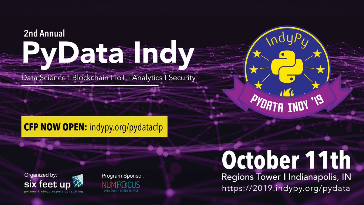 sixfeetup's tweet image. Do you love #DataScience, #DataAnalyics, #Security, #IoT, and #Blockchain? So do we! Tell us all about your projects, case studies, ideas and more at the 2nd Annual #PyDataIndy. CFP is open here: indypy.org/pydatacfp