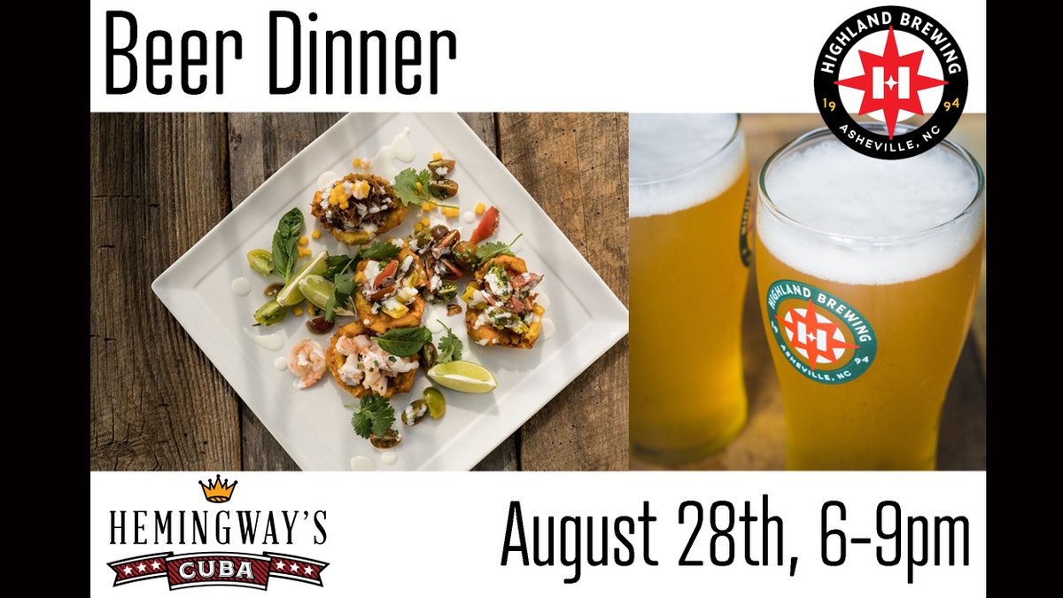 Treat yourself! Authentic Cuban cuisine paired with exceptional craft beers from Highland Brewing Co. on 8/26 @ 6pm. Executive Chef, Duane Fernandes, will be here to walk you through the expert pairings. Tickets $45. Call 828.417.6866 or email bkiser@fircgroup.com.