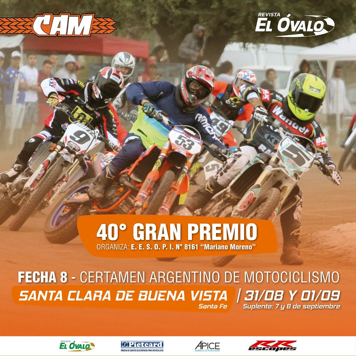 #CAM #Fecha8
#SantaClaraDeBuenaVista: 31 de agosto y 1° de septiembre

7 categorías
#Minimotos
#50ccEscuela
#110ccMenores
#110ccMayores
#125ccInternacional
#125ccGraduados
#450ccInternacional
_

Entrada $300
_

Invitan: Pietcard Electrónica, RR Escapes y Revista El Óvalo
