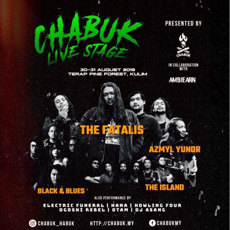 Saksikan kami live di #ChabukLiveStage pada 31 Ogos ini | Bertempat di #TerapPineForest #Kulim #Kedah | Anjuran #ChabukHabuk sempena event #ChabukCraterCamp | Slot kami pada pukul 3:00 petang. Jangan lupa mai wei. Lagu apa yg sesuai main tgh hutan ni? Ada cadangan tak?