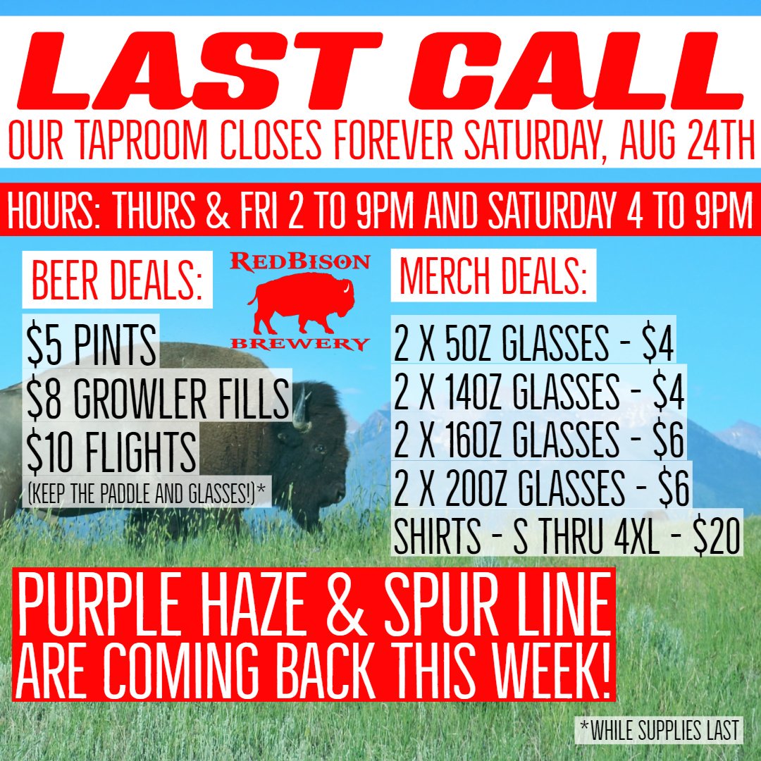 Sadly, our taproom is closing. Last call will be Sat Aug 24th. We have some great deals and would love to see you one last time. We're hosting a wedding Sat &amp; hours are 4pm to 9pm. The good news, we found a keg of Purple Haze &amp; Spur Line &amp; we will be tapping those this week!