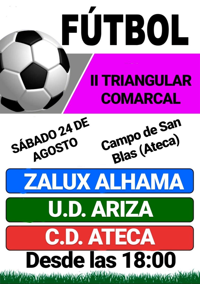 UDAlhama's tweet photo. ¡Este fin de semana tenemos doble sesión de fútbol!

El sábado en Ateca II TRIANGULAR COMARCAL 

18:00 @ud_ariza vs Alhama
19:00 @Cd_Ateca vs Alhama
20:00 Ateca vs Ariza 

Y el domingo en Alhama a las 18:00 Zalux Alhama vs @CDArcobriga

Os esperamos a todos #VamosAlhama https://t.co/uVU6spLRXQ