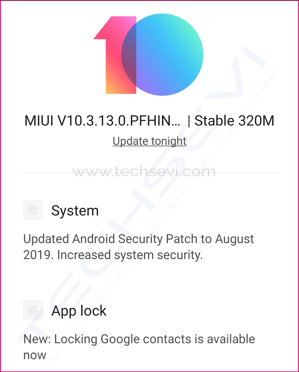 Techsevi's tweet photo. #Xiaomi #RedmiNote7Pro Got New #MIUI10 Stable Update.
*What's new?
~~~~~~~~~
1. 01 August 2019 Security Patch,
2. New feature in App Lock
(Now you can lock your google contacts, using app lock.)
#MIUI #Update #MIUIUpdate #MIUI10Update #StableROM #StableUpdate #Xiaomi #Redmi https://t.co/j39lpMGU9n