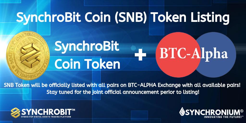 SynchroBit's tweet photo. SYNCHRONIUM® and BTC-Alpha Exchange have agreed to list the SNB Token- the official token of SynchroBit™ Digital Assets Trading Platform- with all available pairs, after ICO.

https://t.co/uaWifTZDTk https://t.co/8ICMoRXbJl