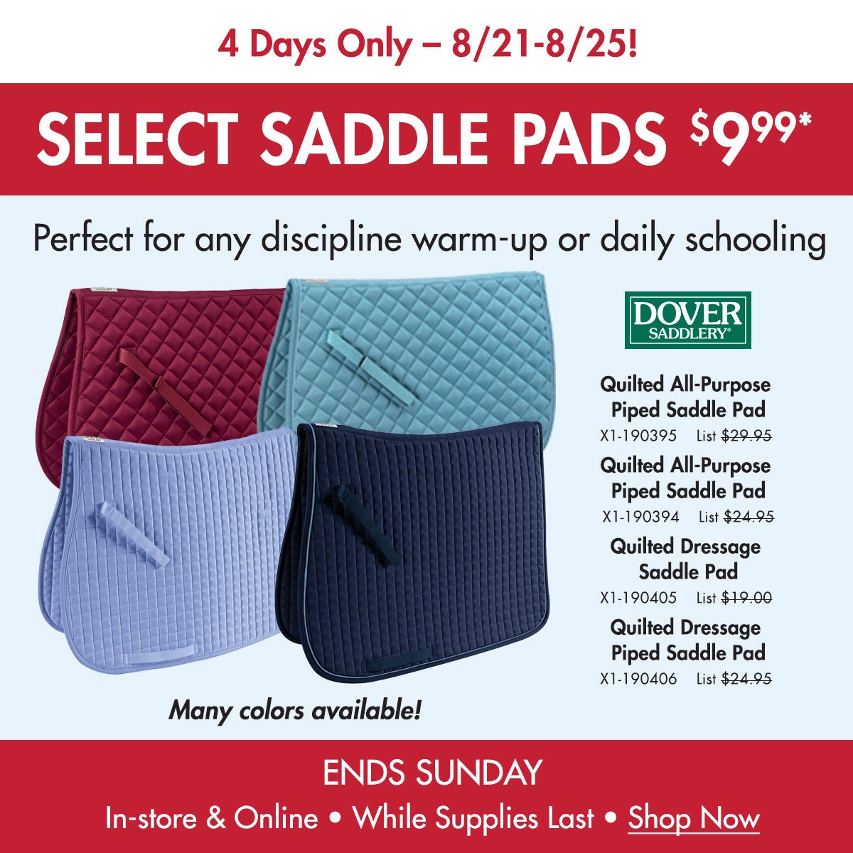 Size A/P Dover Saddlery Quilted All-Purpose Pad 