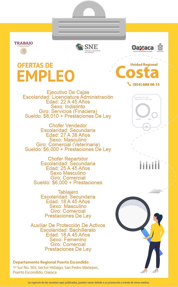 SNEOaxaca's tweet photo. Excelente día. Si estás en busca de un empleo formal, te invitamos a conocer las vacantes de hoy para la #RegiónCosta. 
Acércate a nuestra Oficina Regional para ser atendido por un #ConsejerodeEmpleo. 
Datos de contacto en el cartel 👇.
#Empléate https://t.co/b0uWnRZjSk
