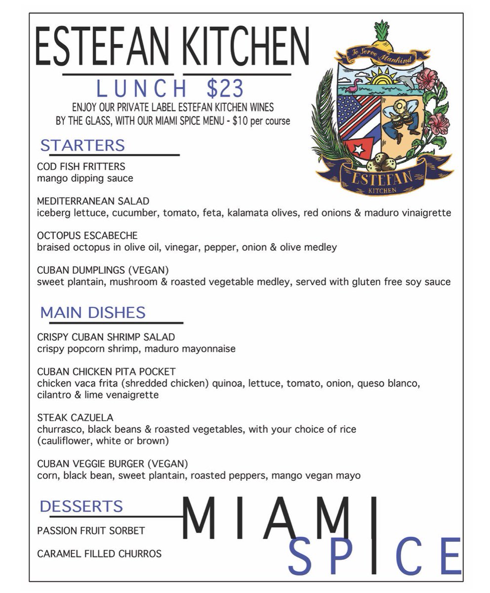 EstefanKitchen's tweet photo. Try today our divine Miami Spice Lunch Menu! Join us in our kitchen for #lunch featuring traditional Cuban favorites and light, healthy alternatives.
Make your reservations at 786-843-3880! #miamispice #veganburger #pitapocket #steakcazuela #cubaninspired #cubanfood https://t.co/oMArngddUx