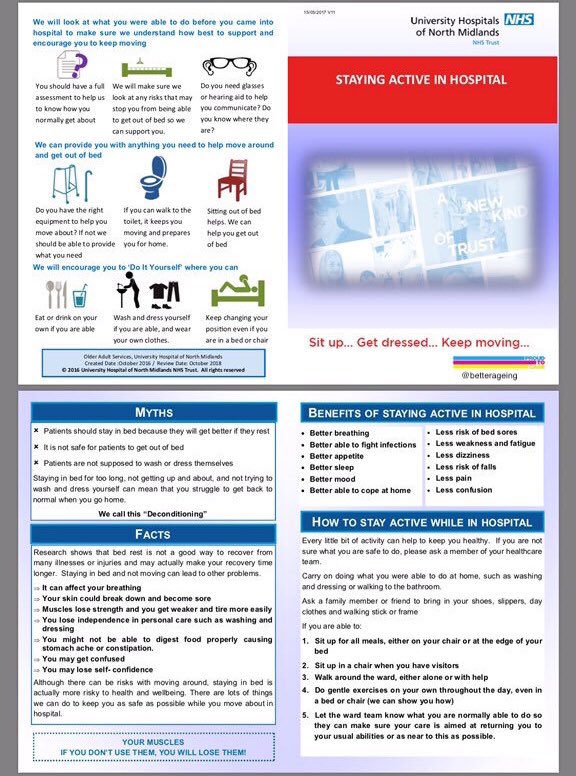 NHS's tweet photo. Activity and exercise is important - Yes- for older people in Hospital as well. Here are some suggestions how to ‘Stay Active in Hospital’. #howistayactive https://t.co/Bc4RlqMooC