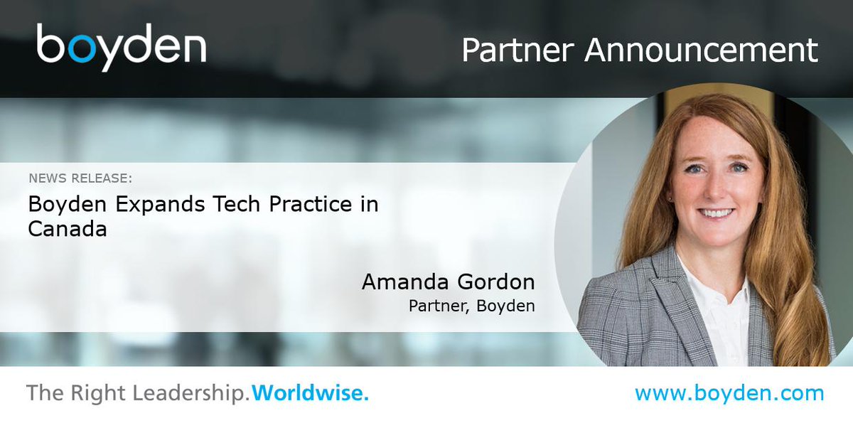 Boyden expands tech practice in Canada, welcoming new Partner, Amanda Gordon, based in #Ottawa. A #tech &amp; #HR exec expert w/ nearly 20 yrs experience in global HR management, Amanda's expertise extends across multiple sectors within #technology. Read more> boyden.com/media/boyden-e…