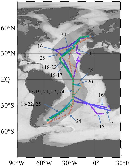 godi_talk's tweet photo. Cocco results from 10 Atlantic Meridional Transect cruises!
Maximum #coccolithophore concentrations = north & south temperate waters.
Deep euphotic coccolithophores associated with Sub-Antarctic Mode Water.
⚠️Article: https://t.co/nxDMwMsjOJ #oceanscience #ehux #protists #algae https://t.co/pRrTv5wnxC