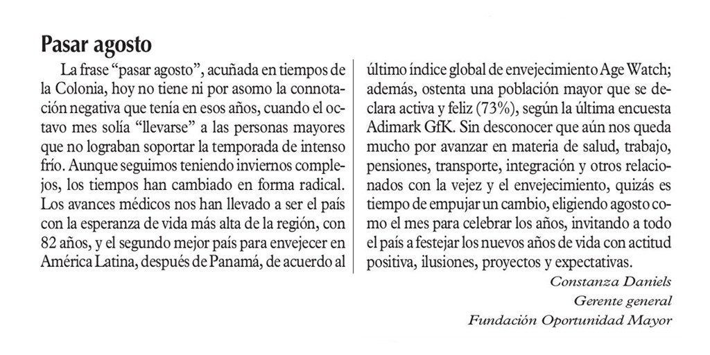 FundacionOMayor's tweet photo. El diario @lun publicó la carta al director "A celebrar los años" de nuestra gerenta general @cdansa, en la que invita a todo el país a festejar los nuevos años de vida con actitud positiva, ilusiones y expectativas. #Envejecimientoactivo #PersonasMayores #Agostounmesparacelebrar https://t.co/y9YhJHE8Jk