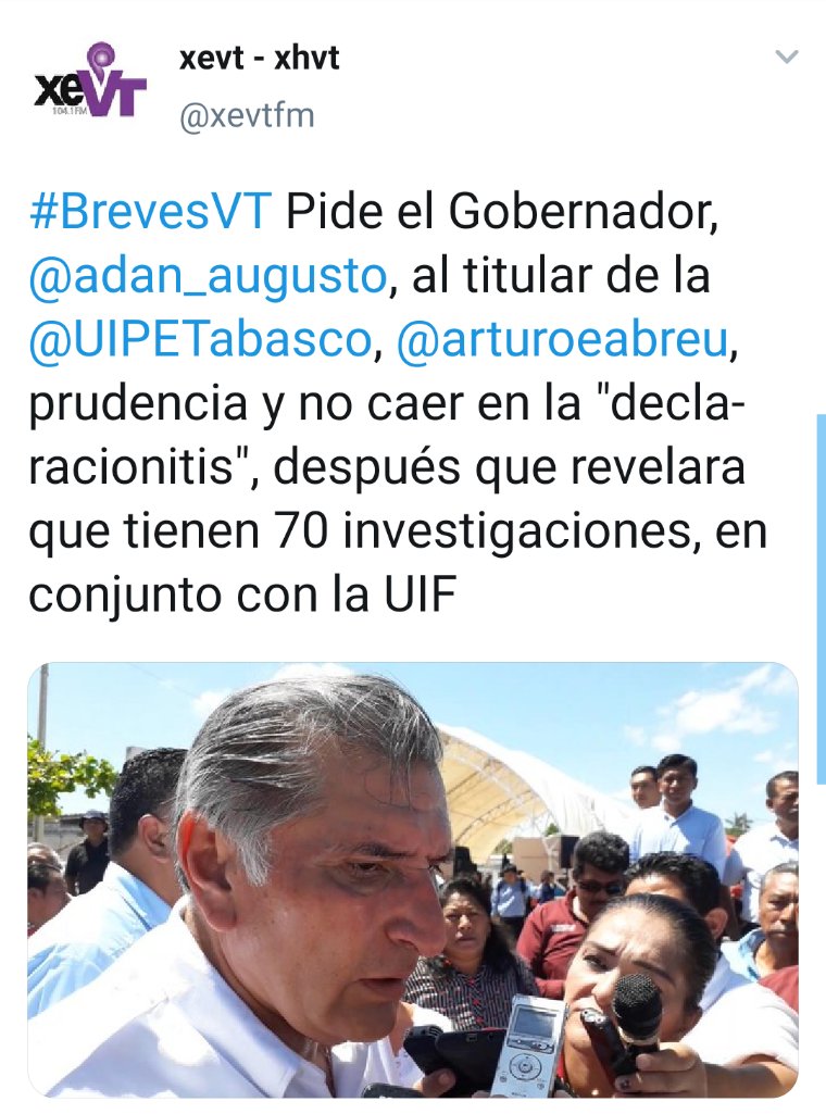 FelipeEladioMx's tweet photo. #MasChantajes
Al igual que Wabi Yabur, ahora es Arturo Abreu, quiΓ©n amenaza al gobernador @adan_augusto con renunciar. Hay que recordar que este funcionario fue reprendido ayer por el propio mandatario estatal. https://t.co/WQJlYkrnox