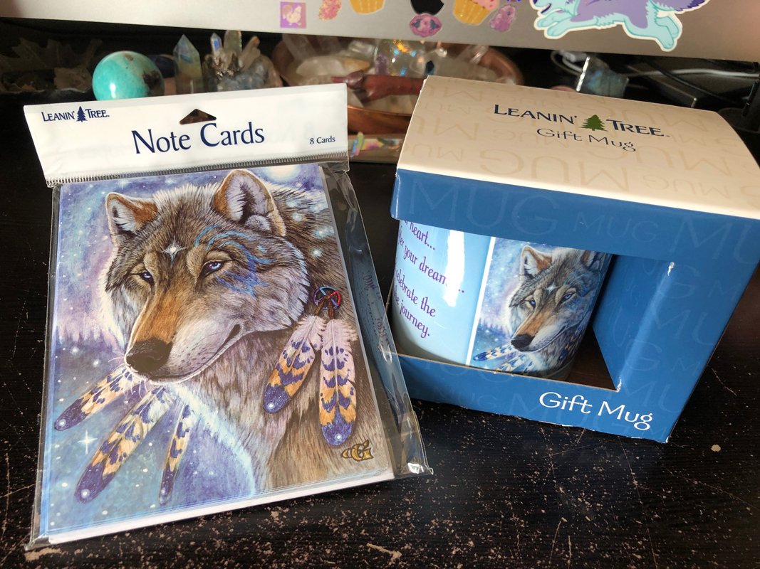 Goldenwolfen's tweet photo. I didn't want to say anything until it was official, but I have a new licensing contract with the popular gift company Leanin' Tree! Right now they have "Mystic Spirit" on mugs, blank note cards, and a Christmas/Holiday card...
#leanintree #gifts #Licensing https://t.co/ZoLM1W2IhK