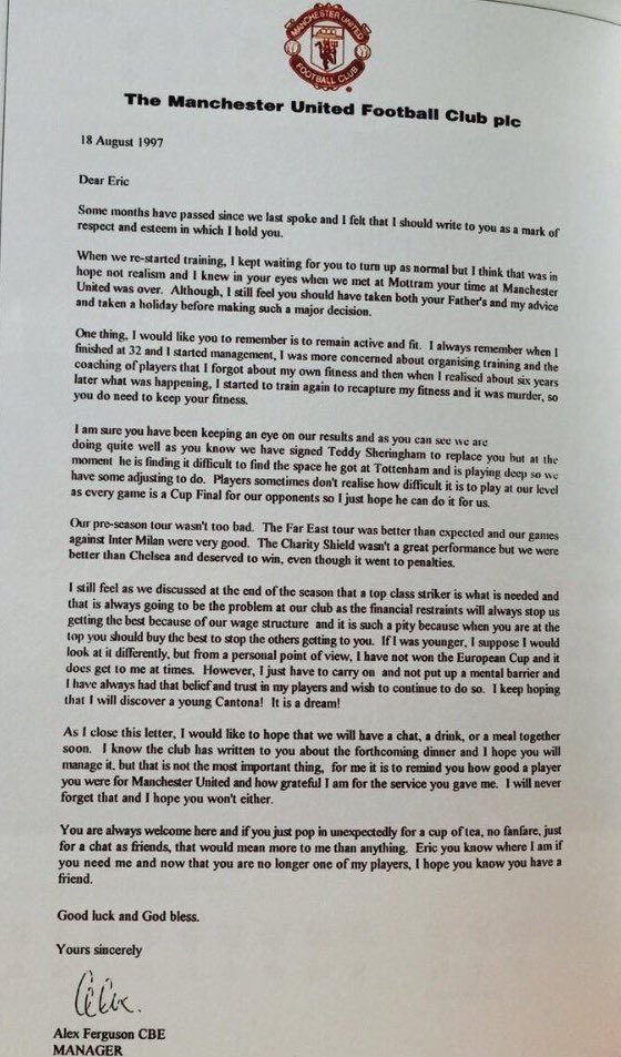 MrTomMcDermott's tweet photo. Always gets me this. Sir Alex Ferguson’s letter to Eric Cantona in 1997 ❤️ #MUFC https://t.co/dGn4v0eX39