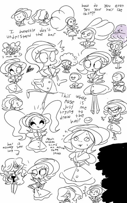 Various little drawings with me tryin' to figure out how to draw cremas hair, yes that's what's going on now 