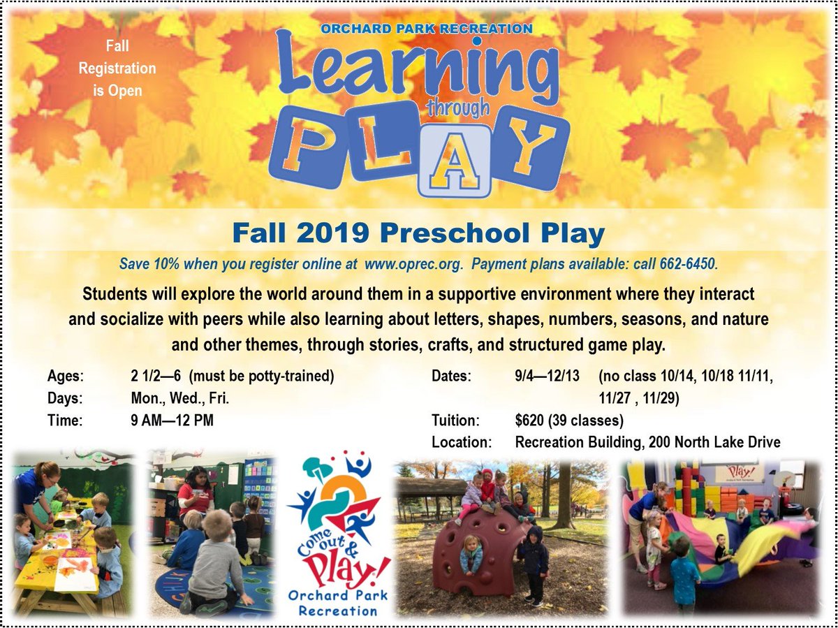 Fall Preschool Play starts in just two weeks! Don't miss out. Registration is open! Payment plans available - call 716-662-6450.