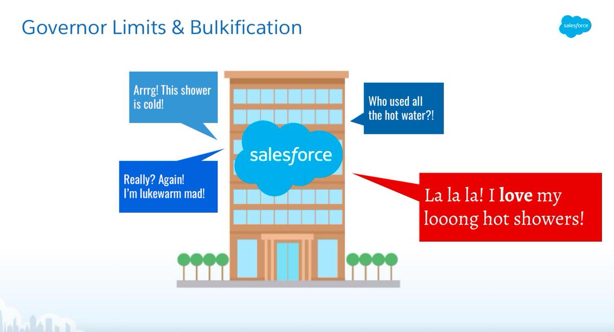 SalesforceAdmns's tweet photo. Teaching #AwesomeAdmins about governor limits and bulkification @angMorriesette says to imagine your instance as an apartment building with one hot water heater. You want to bulkify your code to keep from using up your resources. #webinarwisdom Learn more: https://t.co/pTBBU72NZb https://t.co/CTRO3tpkBC