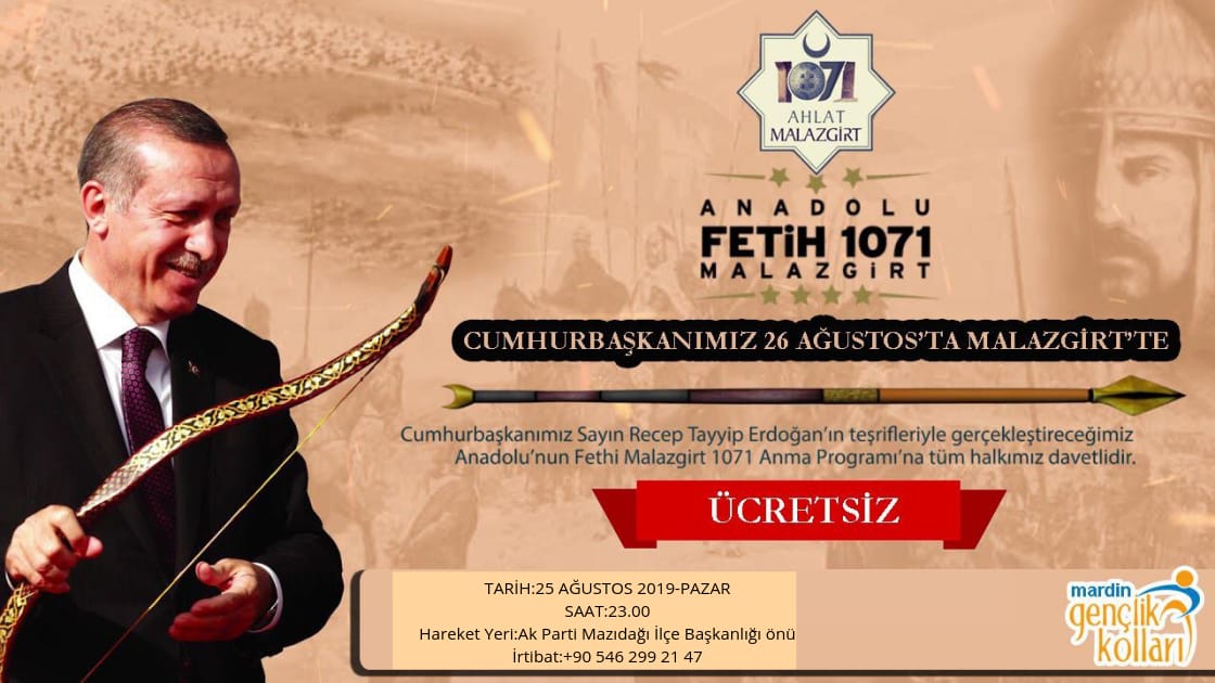 MazGenclik47's tweet photo. Malazgirt Zaferi'nin 948. Yıl dönümünde Cumhurbaşkanımız Sayın Recep Tayyip Erdoğan'ın teşrifleriyle gerçekleştireceğimiz programlara tüm halkımız davetlidir.

Tarih: 25 Ağustos/ Pazar
Saat: 23:00
Hareket yeri: AK Parti Mazıdağı İlçe Başkanlığı önü 
İrtibat Numarası: 05462992147 https://t.co/TQgDsmUshz