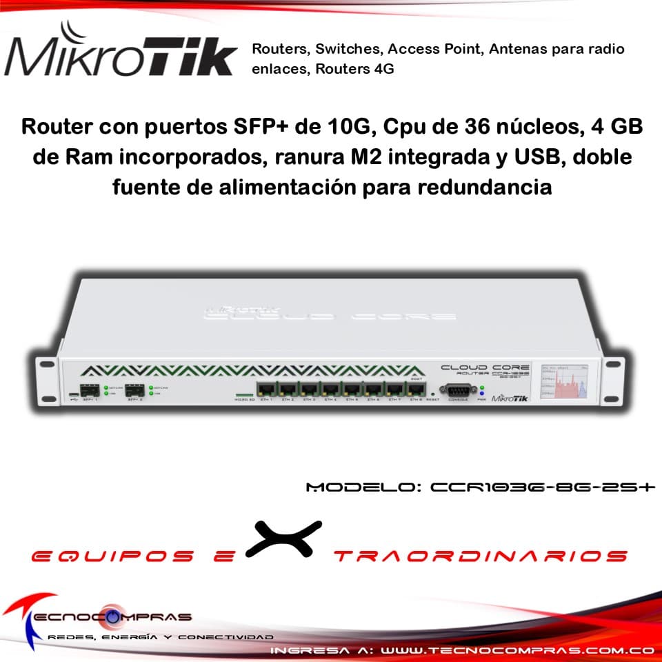 tecnocomprascol's tweet image. Router con extraordinario rendimiento a bajo costo, Mikrotik - Disponible -  #mikrotik #ccr1036-8g-2s+ #routermikrotik #mikrotikcolombia