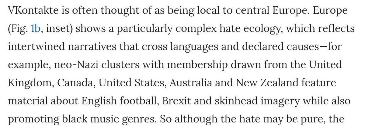 Global highways of hate, revealed by beautiful modelling analysis of public social media platforms from George Washington. It seems Europe has a particualrly complex 'hate ecology' including 'about English football, Brexit and skinhead imagery' Oh dear... go.nature.com/2NxJisr