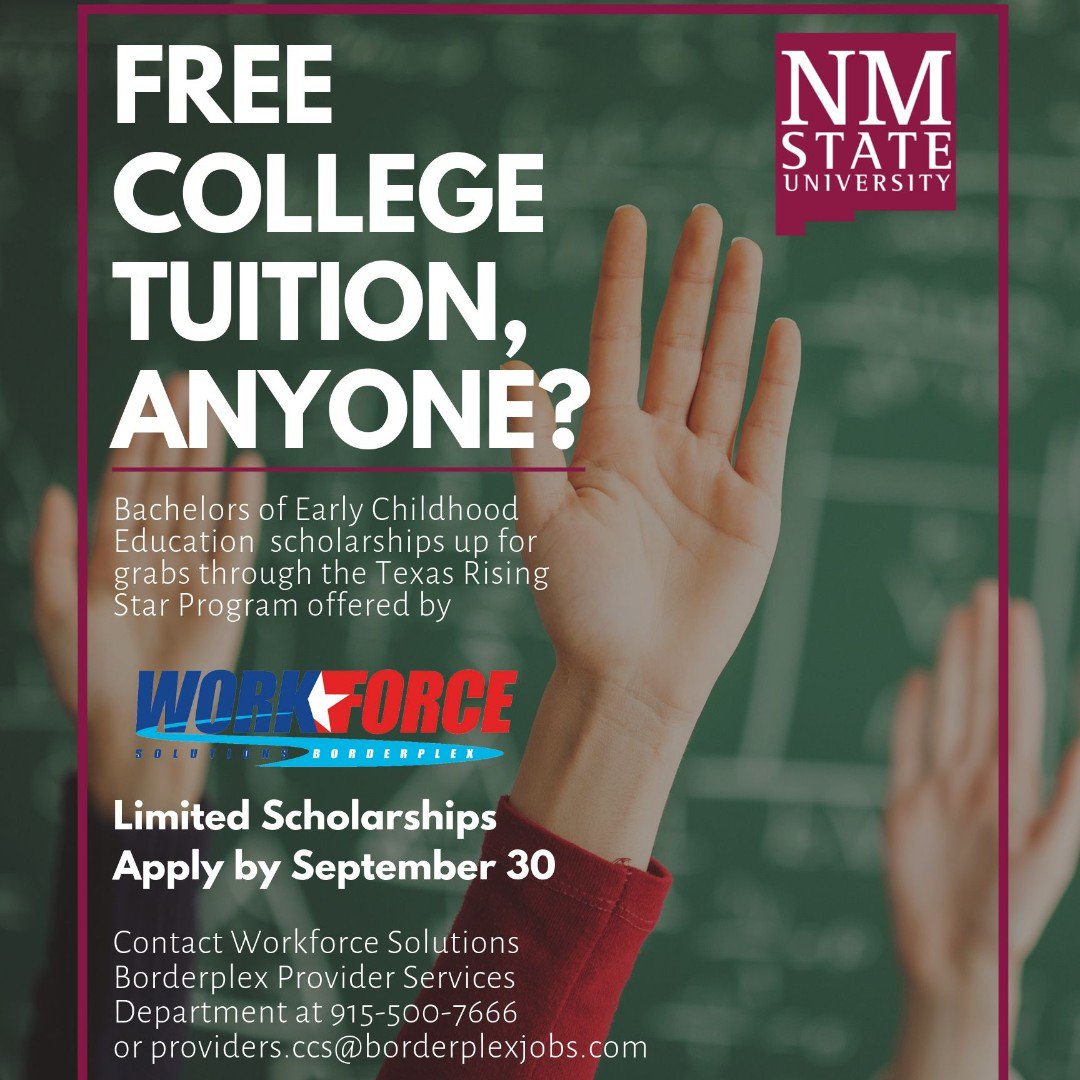 borderplexjobs's tweet photo. WHO DOESN'T WANT FREE TUITION? Are you a Texas Rising Star Early Childhood educator? We want to help you get that degree you have always dreamed of by paying for your school IN FULL. Call us at (915) 887-2600 to claim yours today. https://t.co/xkLOsPTyPL
