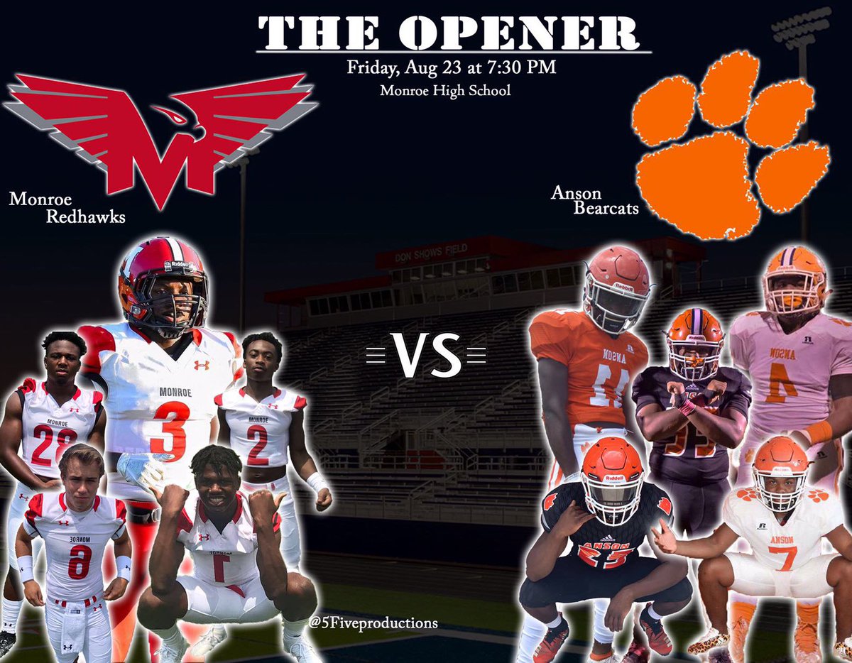 Season Opener Friday @ Monroe High school, Everyone come out and support❗️
<a href="/Monroe_Redhawks/">Monroe Redhawks Football 🏈</a> <a href="/UCNCFootball/">Tim Winters</a> <a href="/nc_hsfb/">You tagged the wrong account</a>