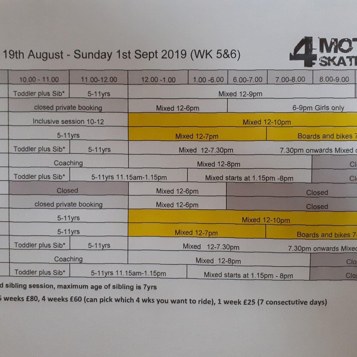 4MotionDarlo's tweet photo. Apologies mistake on our timetable for wk 5 &amp; 6 for the holidays.  Wed is 12-10pm mixed, Thurs 12-7 mixed, 7-10pm Boards and bikes. This is the only change and this is correct timetable https://t.co/7nVgJFymQ8