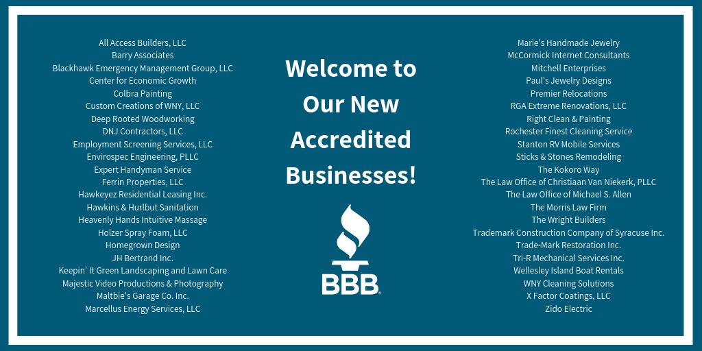 BBBUpstateNY's tweet image. BBB of Upstate New York would like to welcome our new Accredited Businesses! Interested in Accreditation? Send us a direct message and we would be happy to provide you with more information! #WelcomeWednesday

@CEG_NY @CozyBFLO @HawkeyeInc @paulsdesigns @Premiermoving