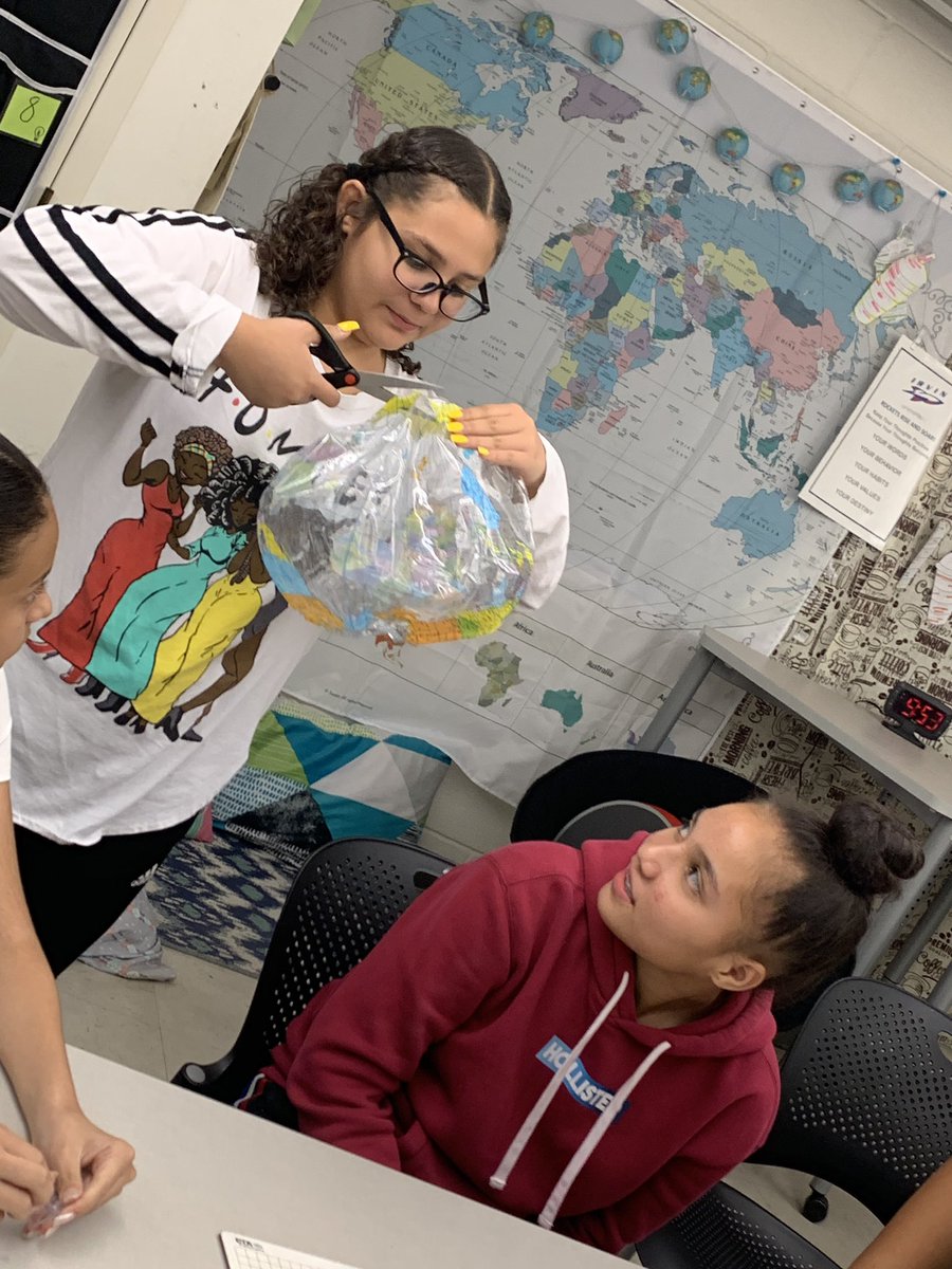 emma_weatherly's tweet photo. We cut up the globes today in our Geo Lit class to find out how maps are made and why all maps are wrong in one way or another. We had a great time flattening the earth 🌍 #rnt24 #geolit24 https://t.co/UAV4gIQtwn