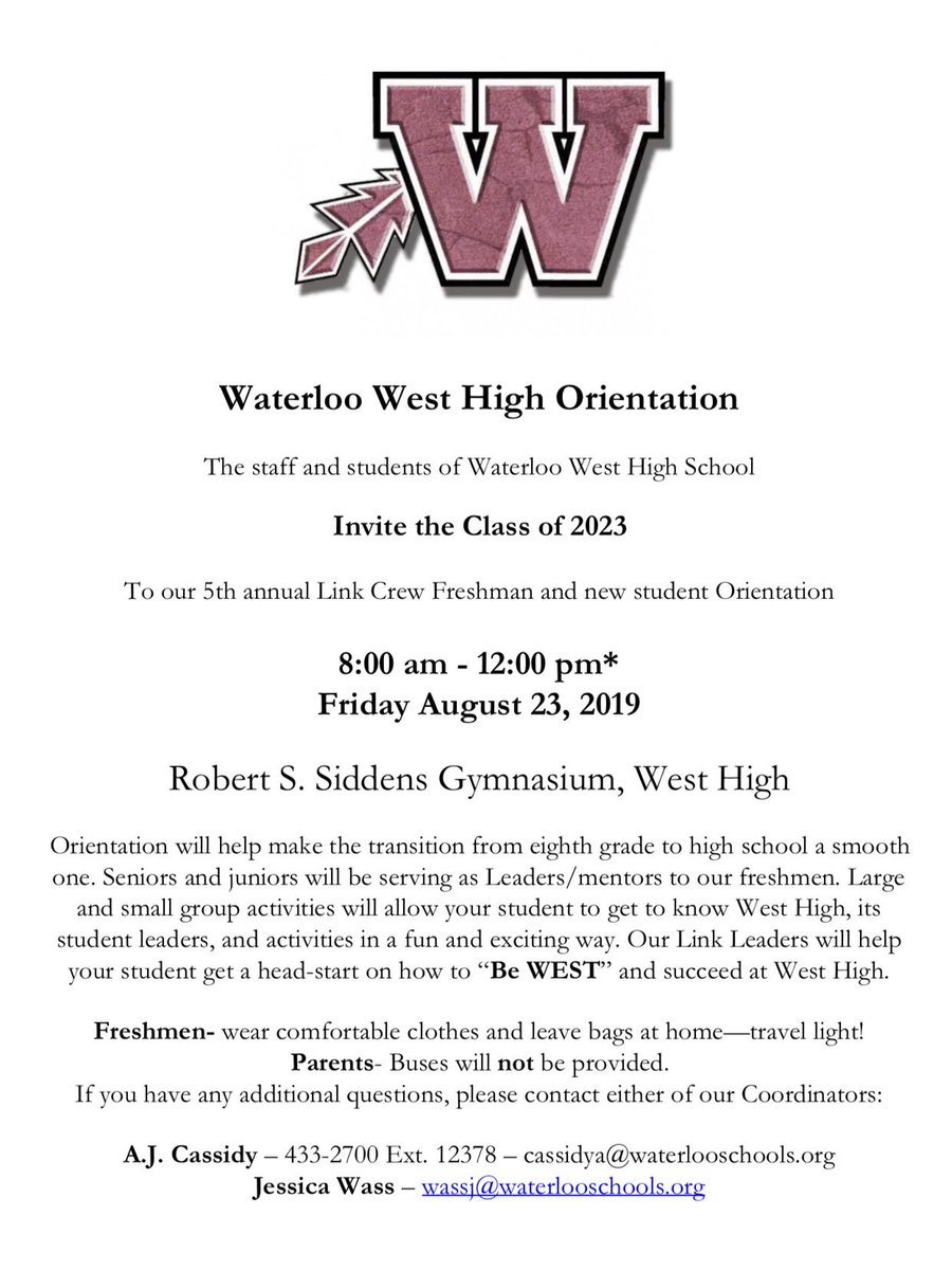 WaterlooWest's tweet image. Just as a reminder, the @WahawkLink Freshmen and new student Orientation is this Friday. The program begins at 8 AM and concludes at 12 PM.