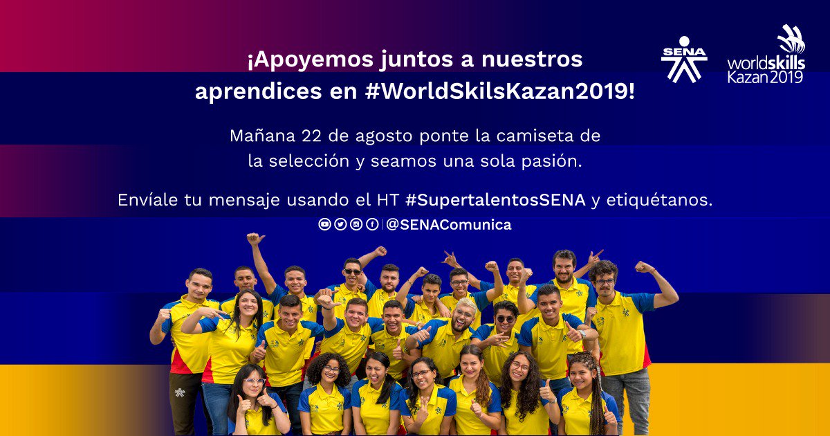 imayacaq's tweet photo. Mañana 22 de agosto ponte la camiseta de la selección 💛💙❤️ como símbolo de apoyo a nuestros #SupertalentosSENA 💪en el inicio de las competencias internacionales de #WorldSkillsKazan2019. 
¡Seamos una sola pasión 🤗🇨🇴 https://t.co/BBZDxj3UNw
