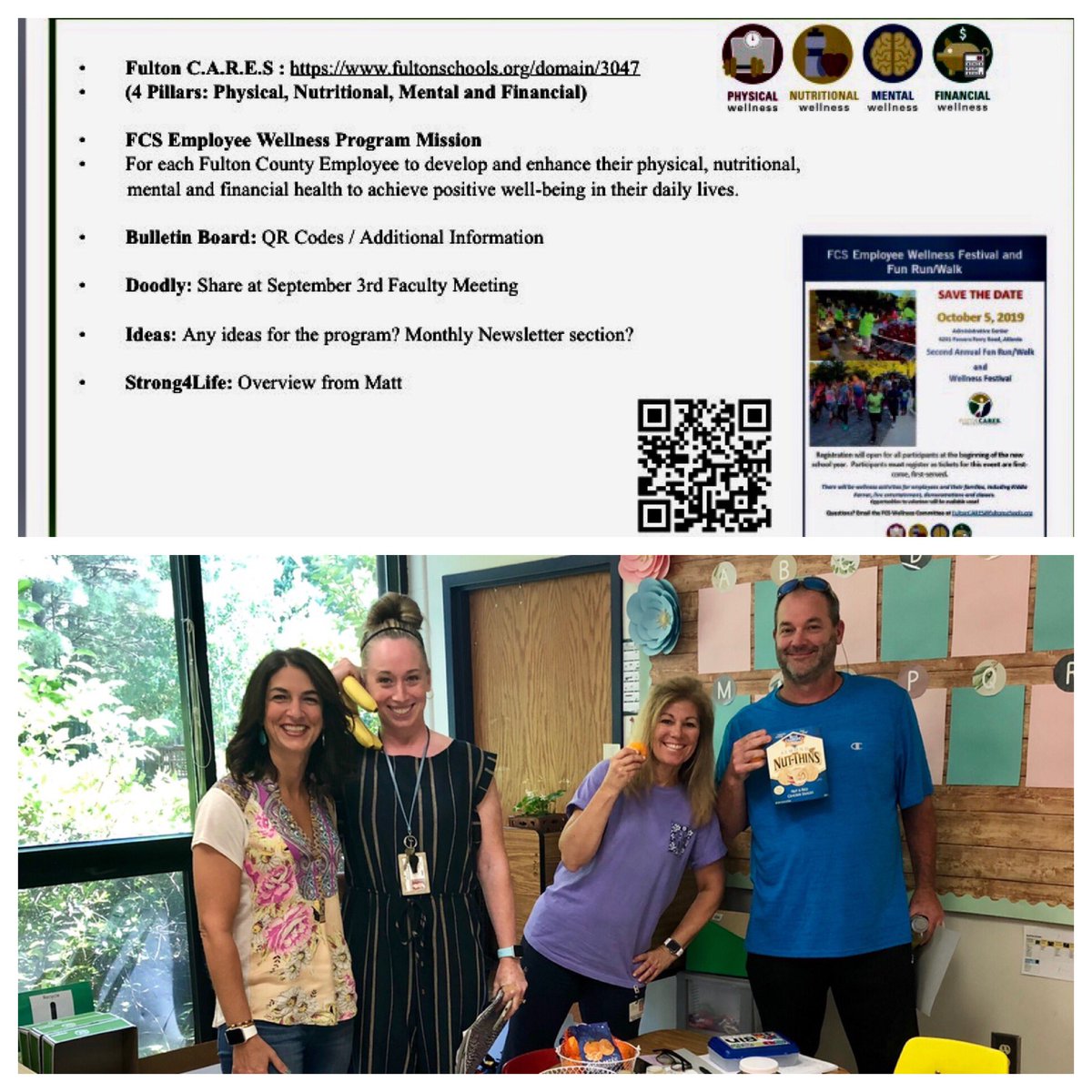 Fulton C.A.R.E.S. & so do we! Thanks to the leadership of our wellness ambassador, Ms. Santoro, & our health and wellness committee, a hearty agenda led to a hearty discussion designing health & wellness activities for staff & students! #SBCEBobcats #strongbodystrongmind