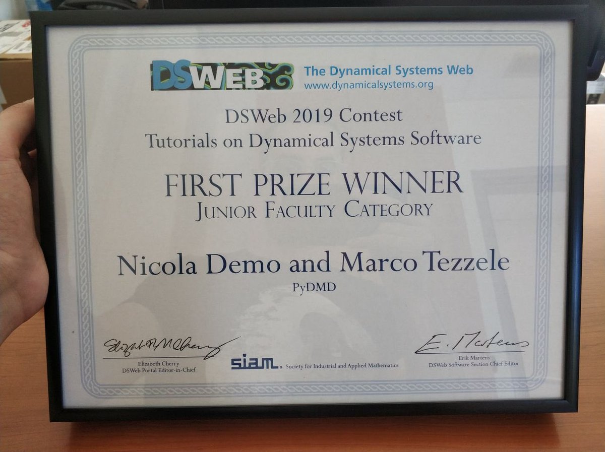 gianluigi_rozza's tweet photo. #dsweb with @TheSIAMNews announced the #winners for #dynamical #systems #web 2019 #context on #tutorials #software: #first #prize assigned to #PyDMD developed by N. Demo and M. Tezzele @Sissaschool #mathLab @rozzagroup @AROMA_CFD @ITHACA_ROM https://t.co/ArmpISx0uz @MiurSocial https://t.co/tkwVfN48gN