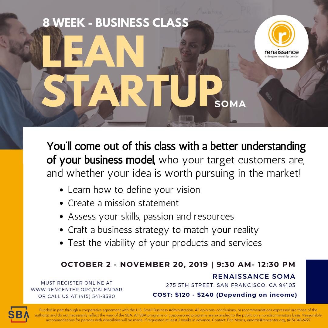 Lean Startup begins on October 2! Make sure you register for this class on customer discovery and product development before it’s too late. More details and registration here: bit.ly/2GGomuV #entrepreneurship #smallbusiness #bayarea #rencenter