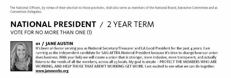 The choice is clear. The time is NOW to say YES to #SOLIDARITY &amp; No to divisive slate politics. You have a voice in this. You have a vote. VOTE for #JANEAUSTIN for National President of <a href="/sagaftra/">SAG-AFTRA</a>. The INDEPENDENT candidate. We can do better! janeworks.org