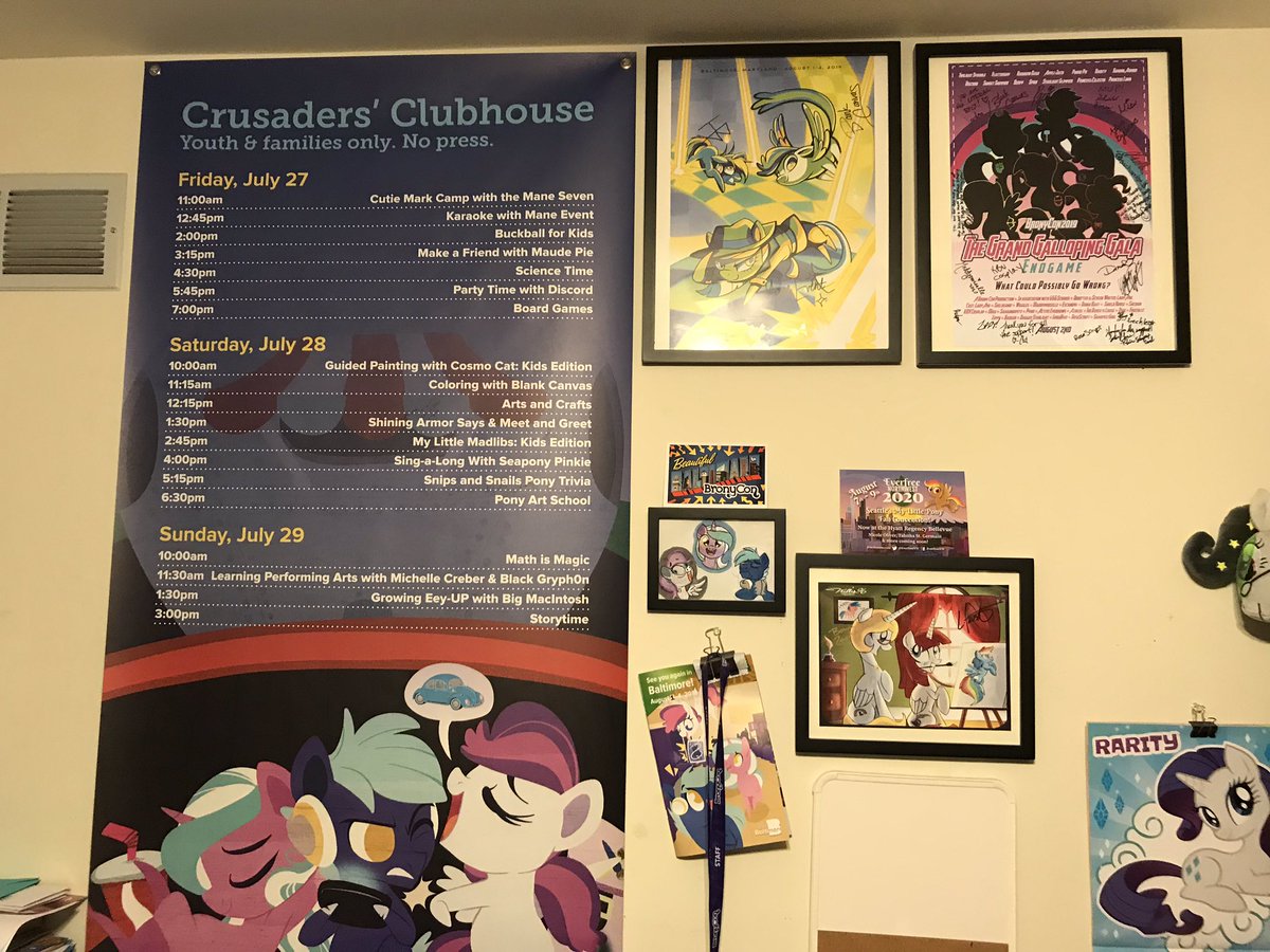 BraveryTheBrony's tweet photo. I don’t usually hang many of my posters up. (Mainly cause I don’t have much wall space) But I wanted to have my poster the mascots signed, the poster the @cast_ggg signed, and the special photo @Fyre_flye and @BonnieZacherle signed put up. Love this setup! https://t.co/Cv3atbzCqn