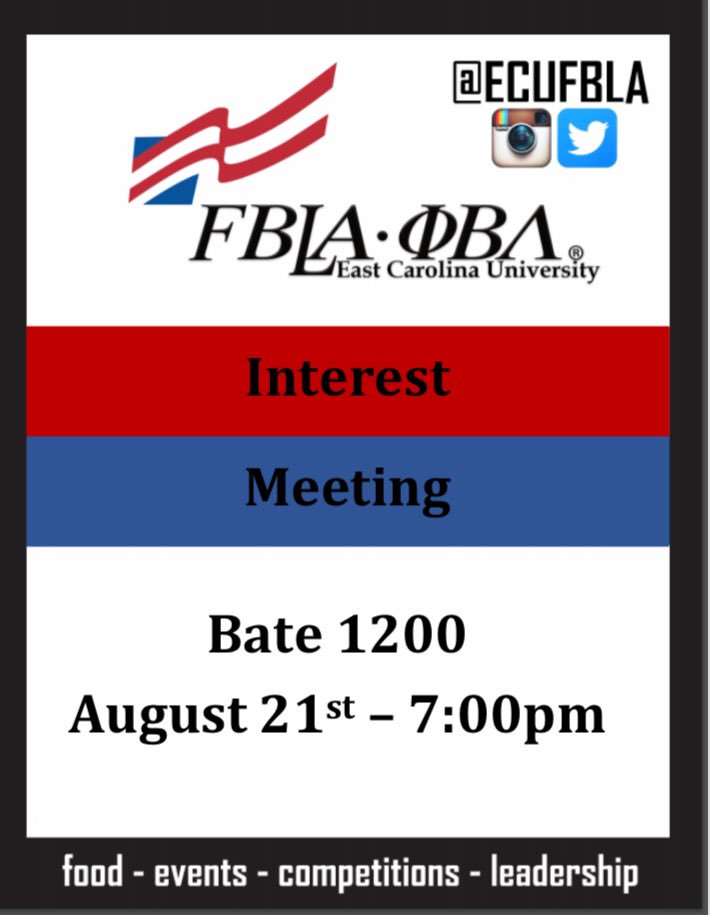 Don’t forget about FBLA-PBL’s interest meeting! Come learn about what FBLA-PBL can offer for students. The meeting will take place in Bate 1200 at 7:00pm. Pizza will be provided! <a href="/ECUCOB/">ECU Business</a>