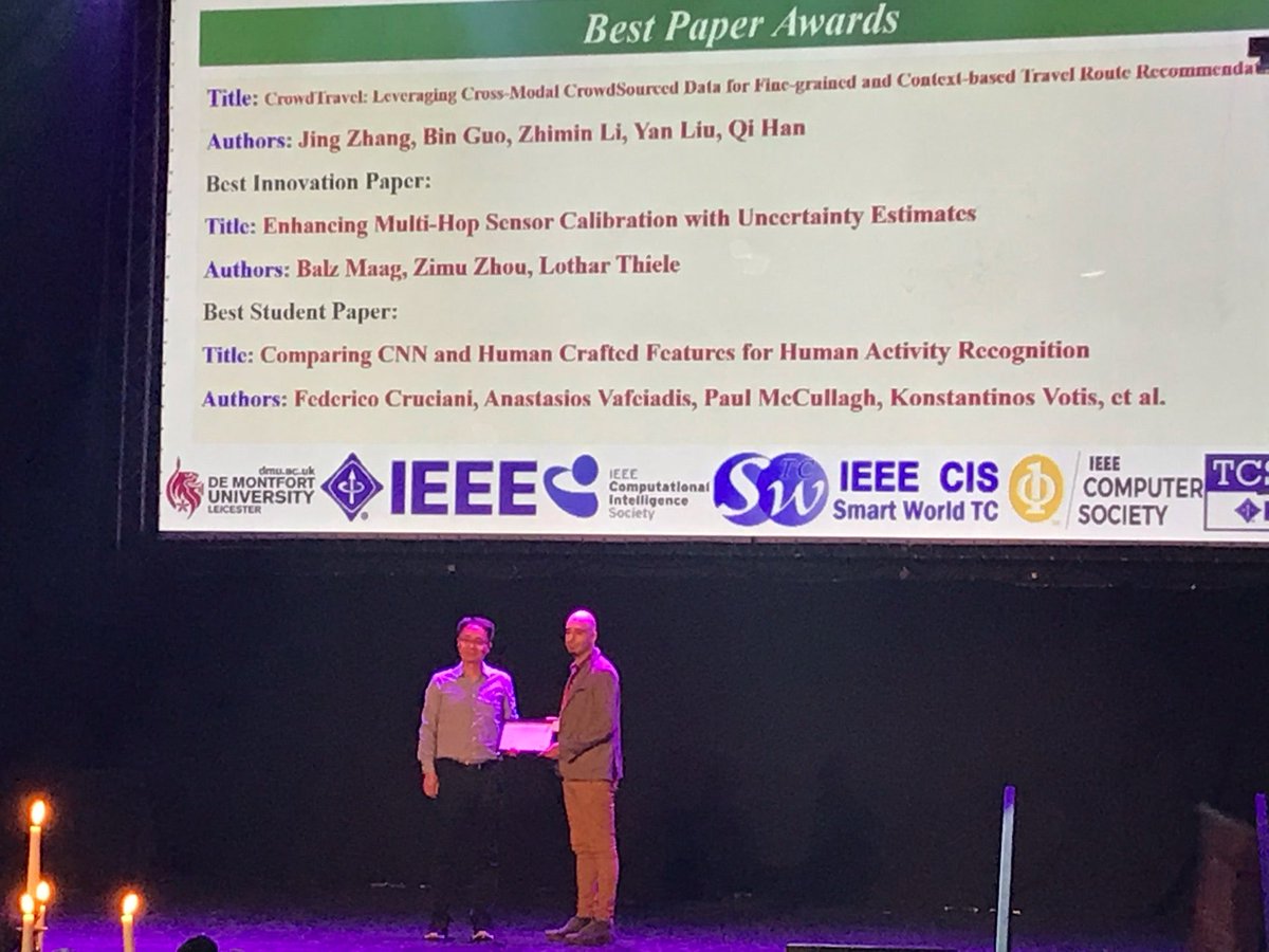 Federico Cruciani (<a href="/fedecruc/">Federico Cruciani</a>) from Ulster University (<a href="/UlsterUni/">Ulster University</a>) wins the “Best Student Paper” award at the IEEE SmartWorld2019 Congress! (@ Athena Theatre in Leicester) swarmapp.com/c/fxMGFUp0q55