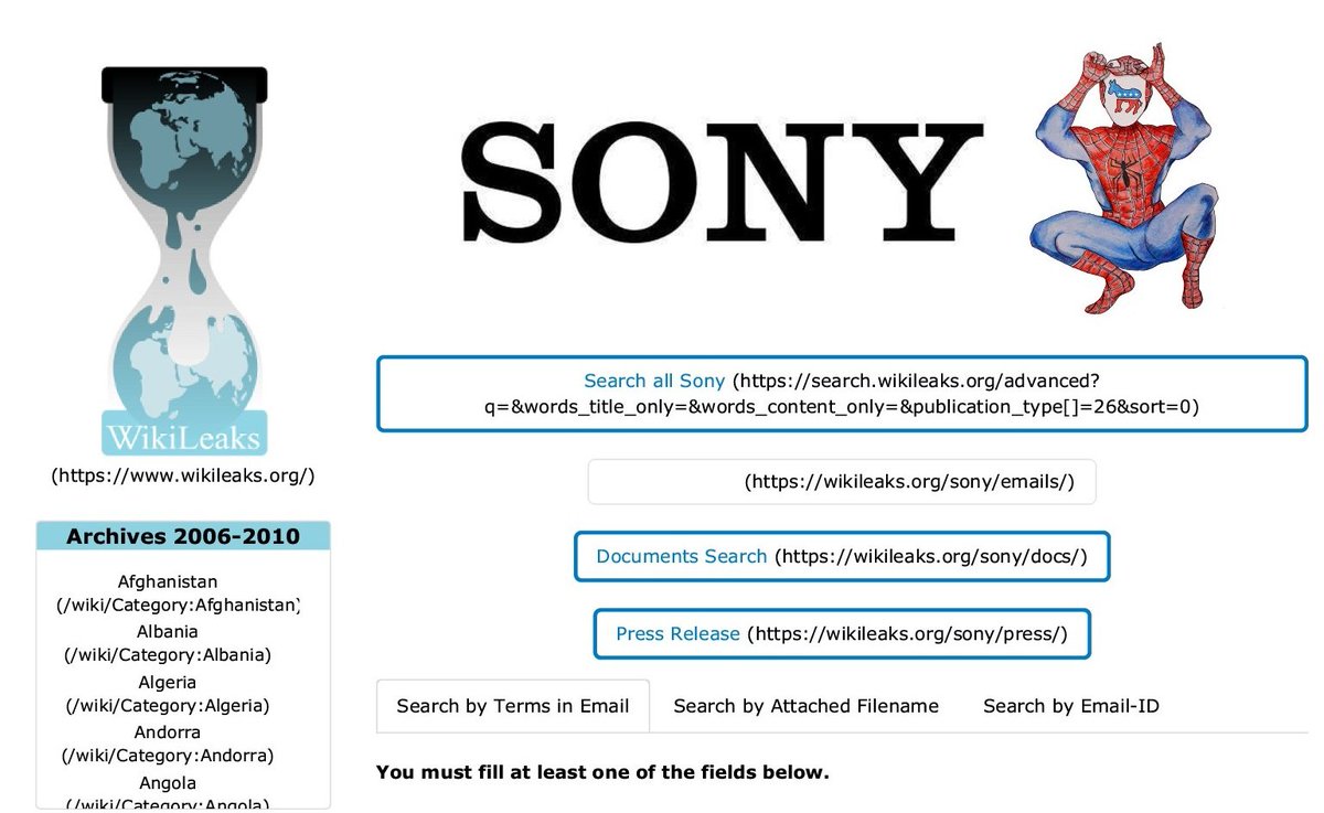 Wikileaks_Ita's tweet photo. #SonyLeaks Questo archivio mostra il funzionamento interno dell'influente multinazionale al centro di un conflitto geo-politico collegato al Partito Dem #USA e alla Casa Bianca e ai problemi di bottino con #Marvel e #Disney (2015) #SaveSpidermanFromSony
https://t.co/vfnWlDBG3m https://t.co/UaPfIzCwio