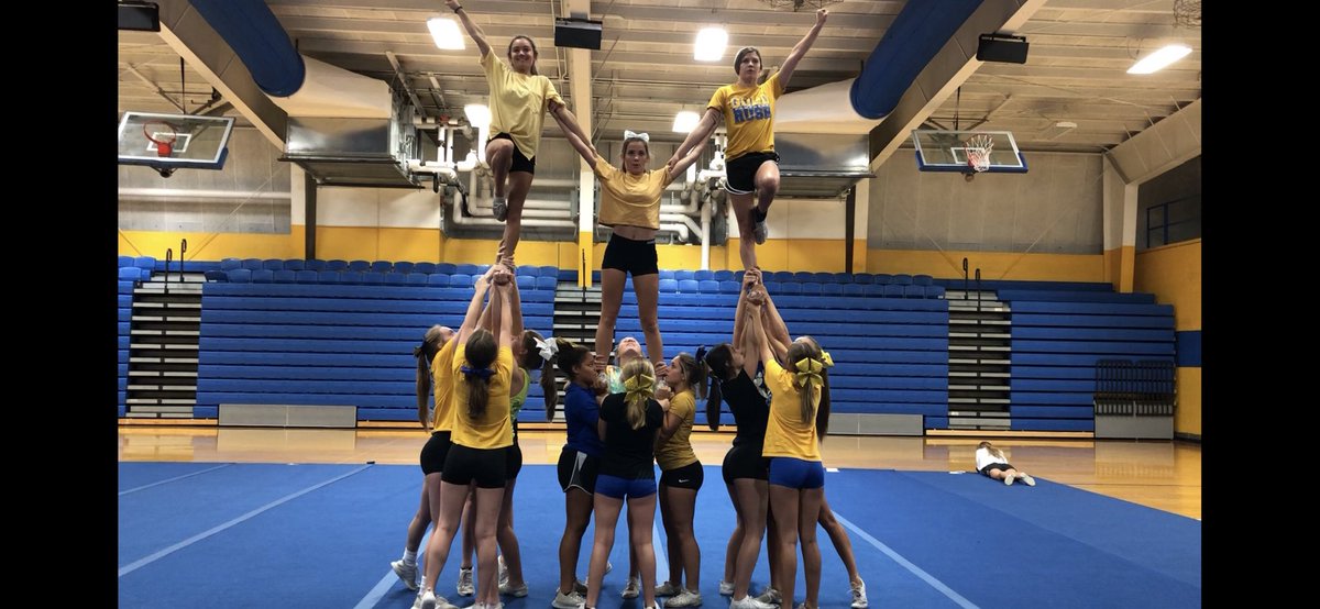 pblcheer's tweet photo. We’re so excited for Pork Chop Kick off this Friday!💙💛🐾 We’ve put in a lot of work this season.💪🏻 We hope to see everyone there!😊 #PBLcheer https://t.co/ISY7JJTo17