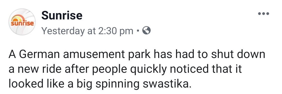 Oh no a giant ride in the symbol of a peace symbol which is what the swastika actually is. Yeah. Can't have rides being all peaceful and shit.