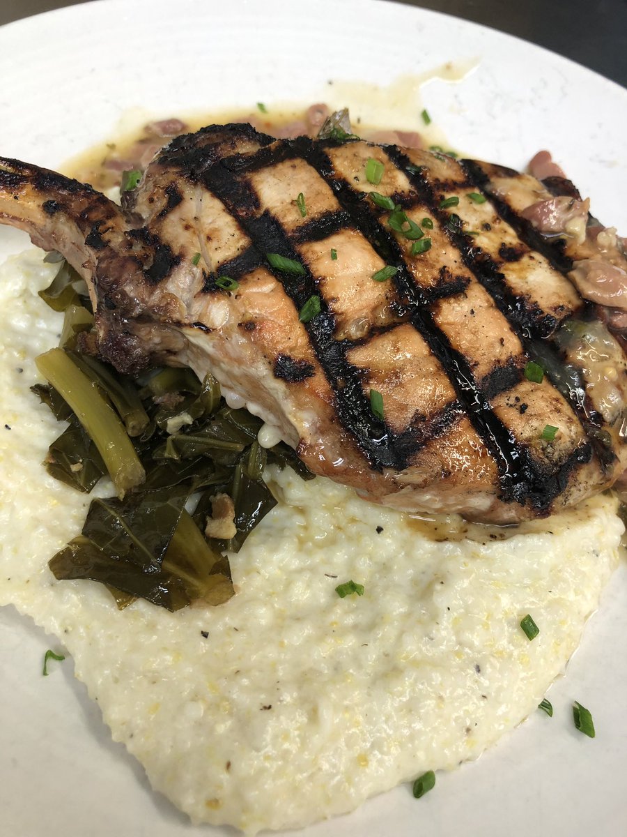 We are dreaming of cooler weather and this pork chop with collards and Anson Mills grits!