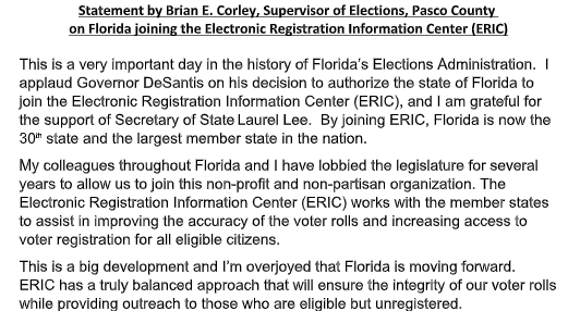 stevebousquet's tweet photo. Florida election supervisors celebrate state's decision to join ERIC, Electronic Registration Information Center, which seeks to improve accuracy of voter rolls and register more adults. Here's statement from Pasco Supervisor of Elections Brian Corley: https://t.co/6TmPbr30jg