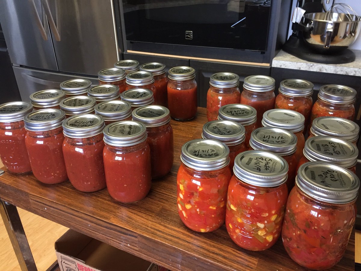 InstantPotVideo's tweet image. 2 #InstantPots (6 qt &amp;amp; 8 qt) + 25 lbs of #Roma (plum) #tomatoes + a whole lot of fresh Basil + lots of other stuff + 2 days in the kitchen = 4 jars #Seasoned #Diced #Tomatoes, 5 jars Tomato Basil Sauce, 9 jars #Corn #Salsa, 11 jars #Marinara Sauce