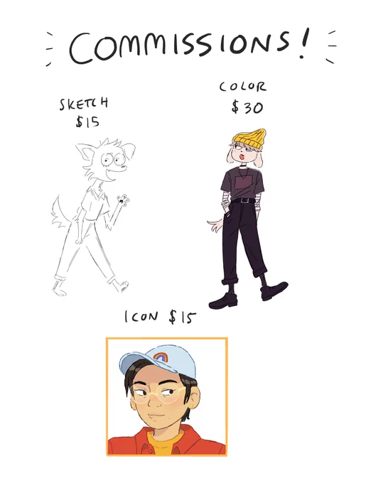 ⭐️ hello hello I'm open for some simple commissions! ⭐️
$15 sketch
$30 color
$15 icons 
!!!
DM or email me at jackieefiles@gmail.com
paypal only! 