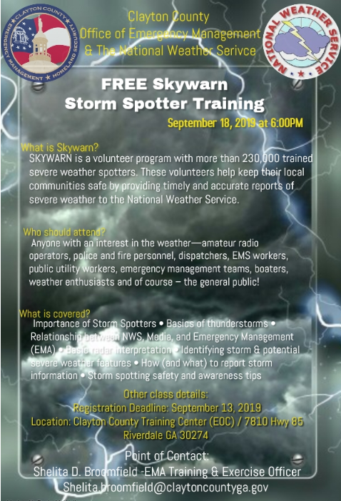 ClaytonOEM's tweet photo. Free SkyWarn Storm Spotter Training for September's National Preparedness Month! This course will be presented by National Weather Service personnel from the Peachtree City office. Take a look at the flyer for details... https://t.co/c4IEQDRWw6